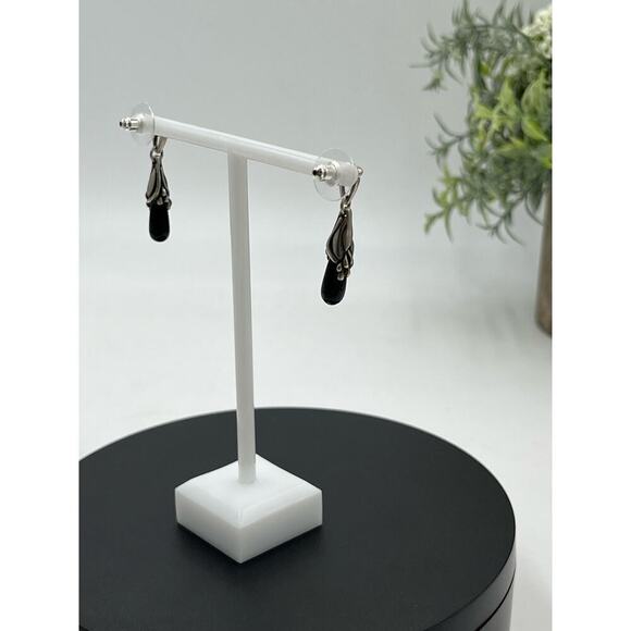 White Gold Posts black dangle earrings Silver tone caps - Picture 4 of 14